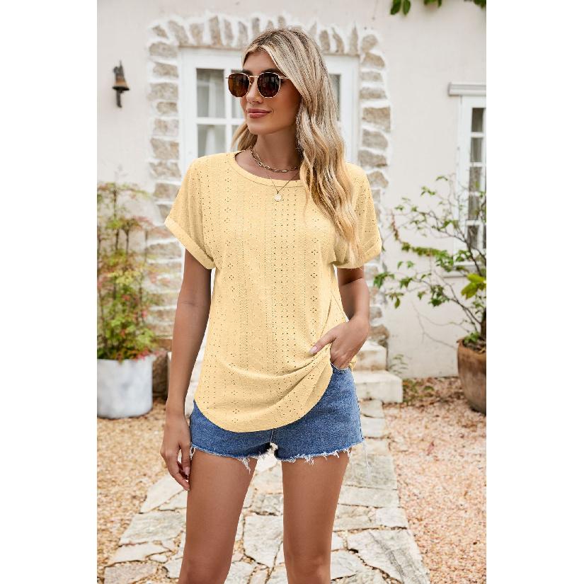 2026 Summer New Hollow-Out Round Neck Short Sleeve Women's Casual Solid Color T-Shirt