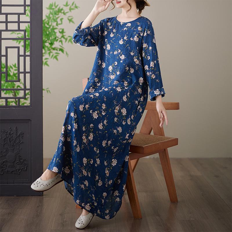 Plus Size Printed Cotton Linen Round Neck Long Sleeve Holiday Dress 2XL