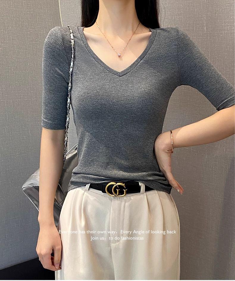 Women's Threaded V-Neck Mid-Sleeve Slim Fit T-Shirt - Spring/Summer 2025