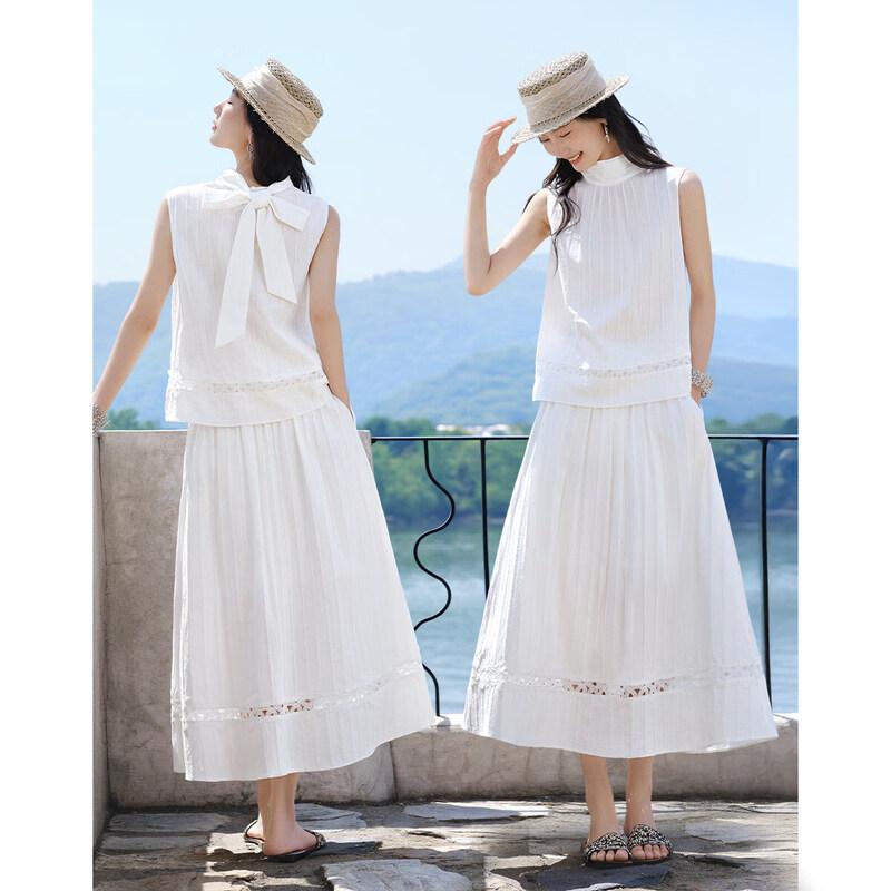 XWI Women's Cotton Ruffled Ribbon Top & High-Waist Skirt Vacation Set