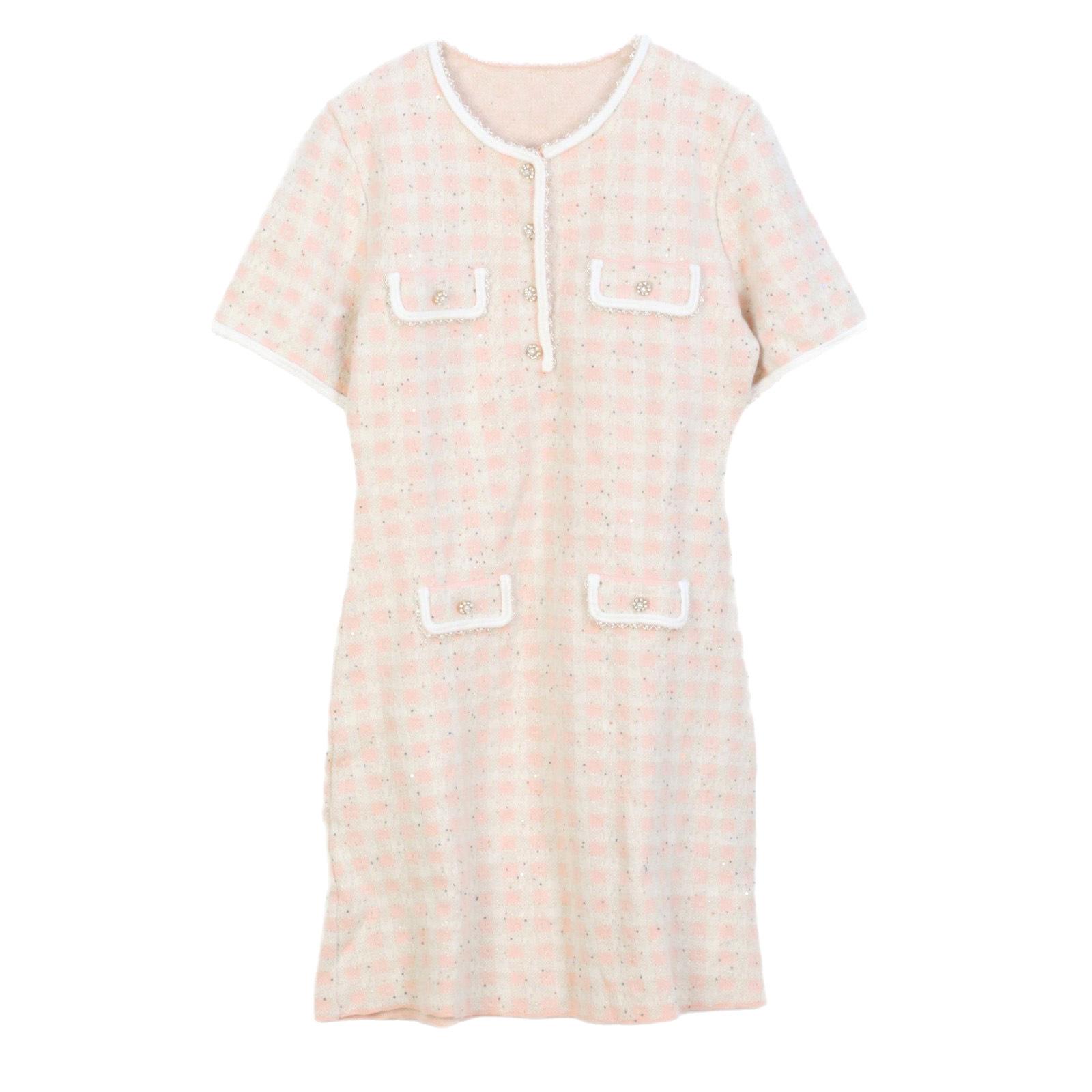 

Нежное французское клетчатое А-силуэтное вязаное платье - Весна/Осень 2025, Круглый вырез, Короткий рукав, Шикарный стиль S