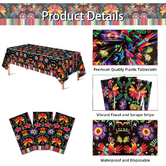 3 Pieces 54 x 108 Inches Mexican Fiesta Plastic Tablecloth, Disposable Rectangle Table Covers with Floral and Serape Stripe for Cinco de Mayo, Taco