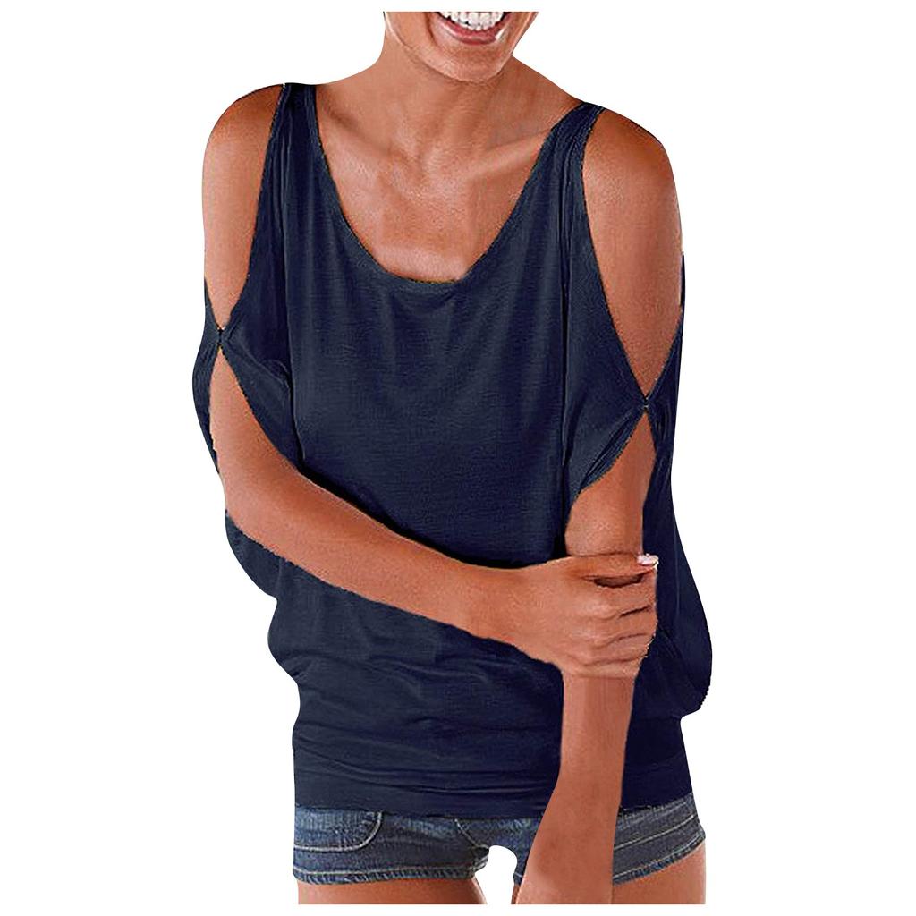 Women's Fashion Solid Color Strapless  Sleeve Loose Hundred Casual T-shirt