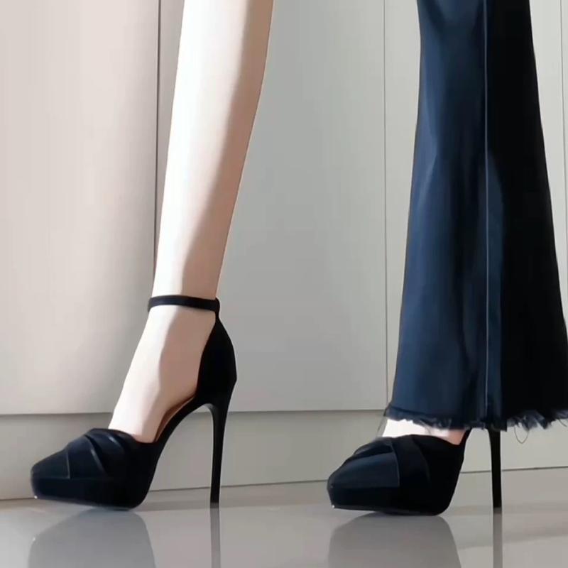 2025 New Women's One Strap Pleated Design Stiletto Single Shoes Autumn New French High-end Platform Heels