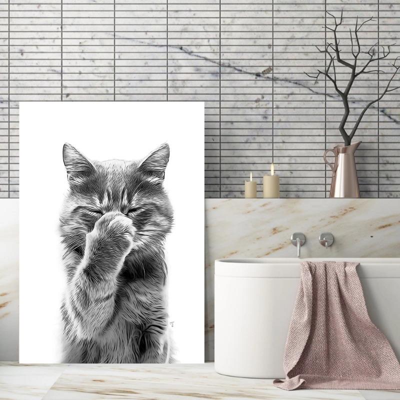 Black and White Funny Bathroom Poster Toilet Shark Bear Raccoon with Brush and Soap Canvas Painting Room  Home Wall Decors