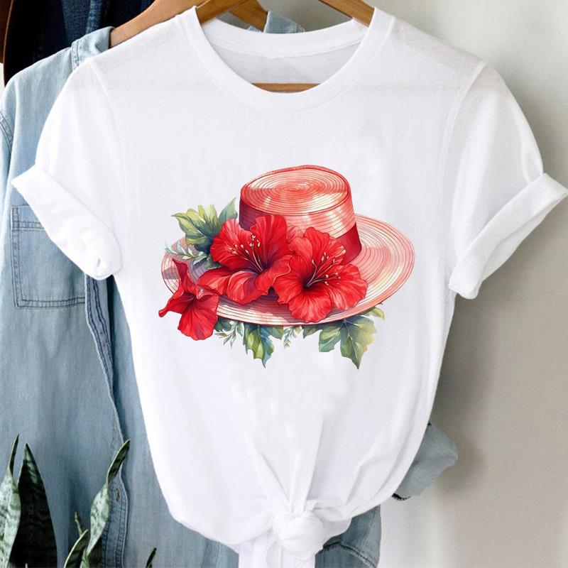 (Asian Size) watercolor flower style cute Printed Female Clothing Women Tee Lady  T Shirt  Casual Fashion Top Graphic Short Sleeve T-shirts