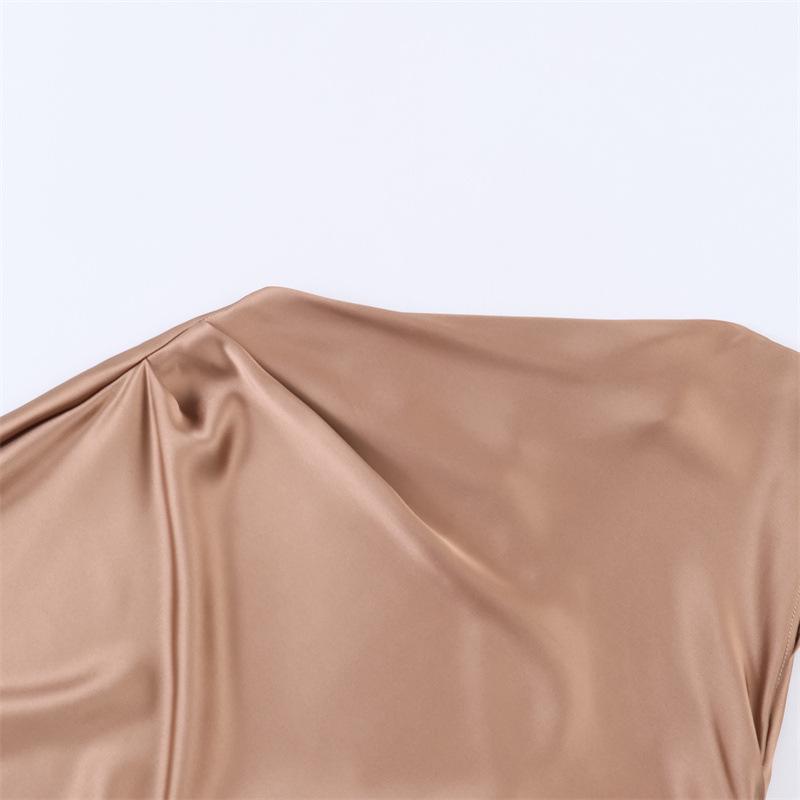 Spring 2026 Asymmetrical Sleeve Silk Satin Midi Dress