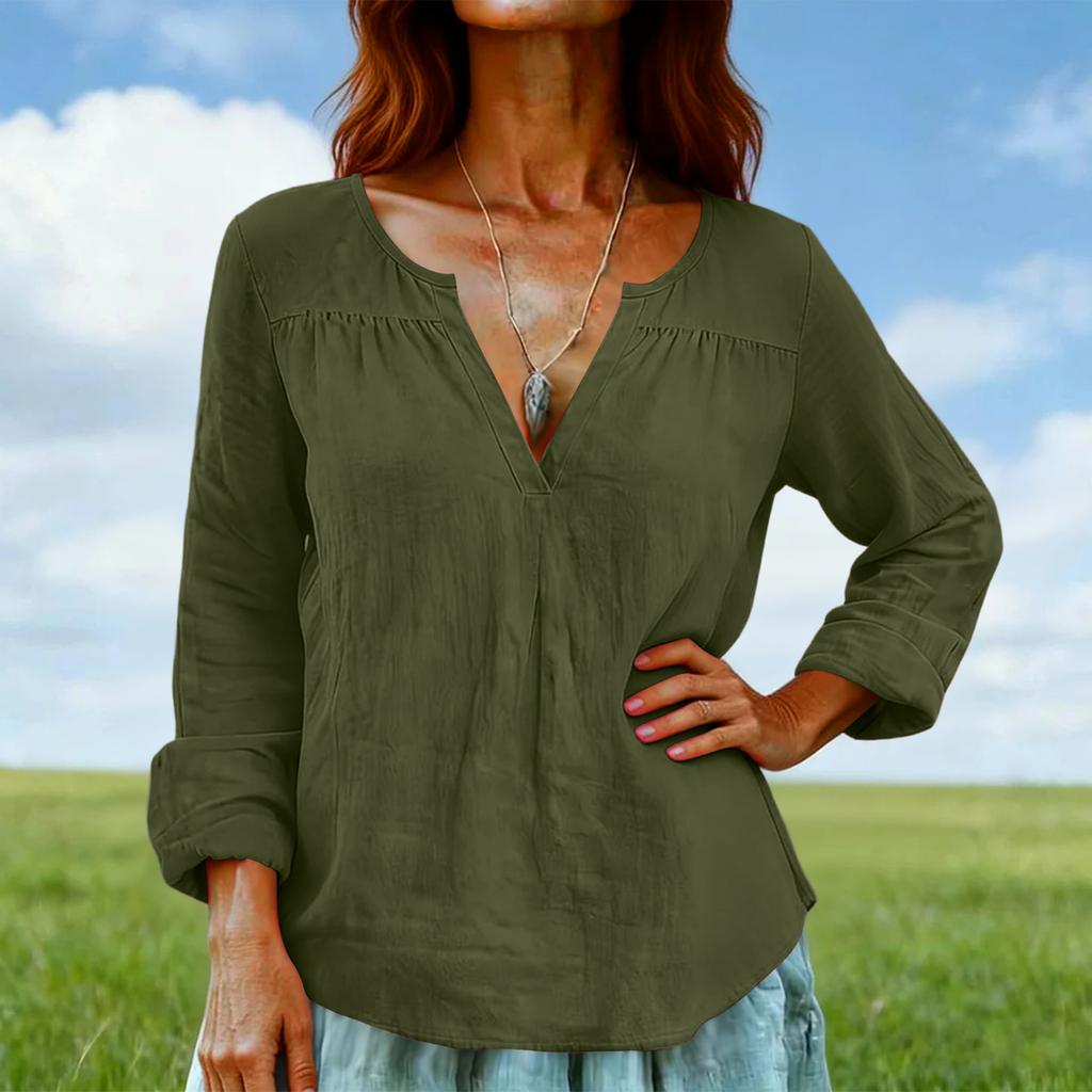 Women's Fashion Loose-Fit Long-Sleeve V-Neck Pullover Shirt Cotton-Linen Blend Top