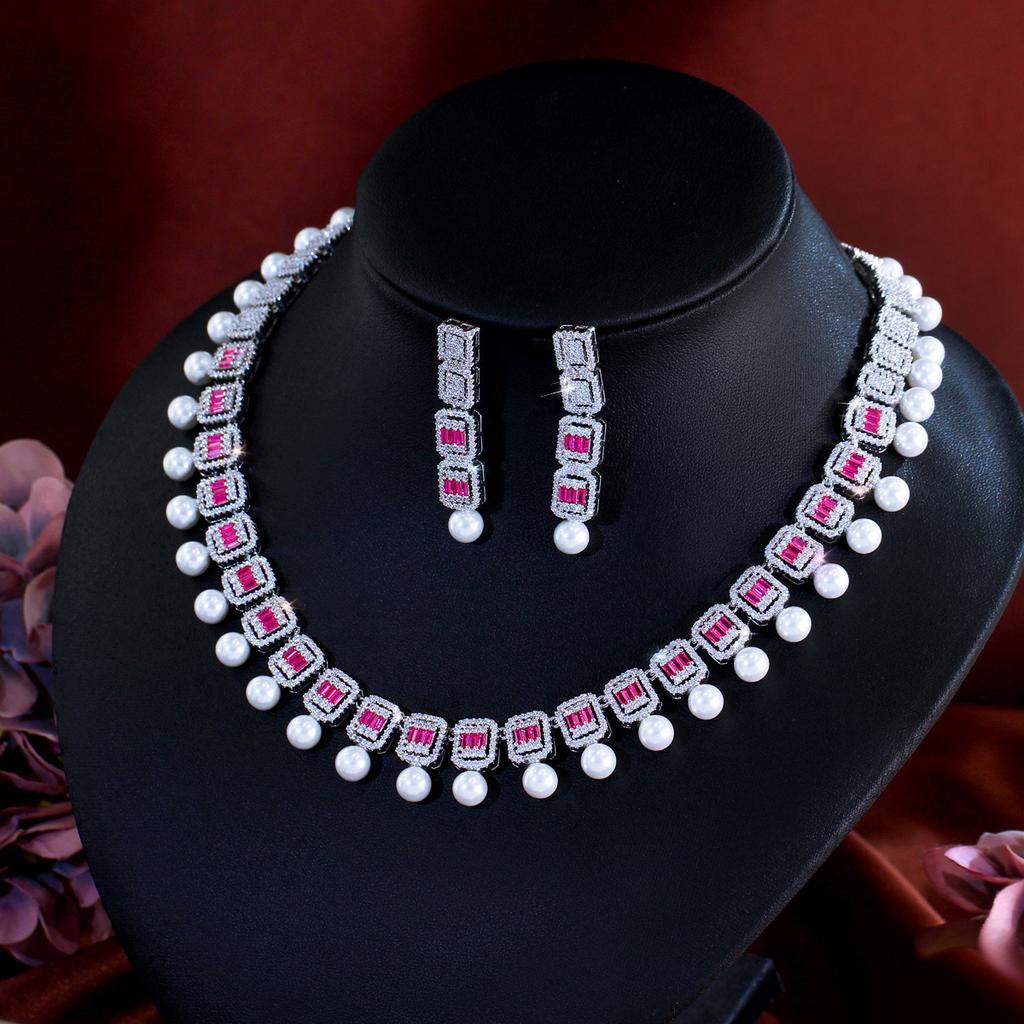 Braut Hochzeitskleid Abend Schmuckset Zirkon Perle Halskette Ohrringe Super Glänzend Zweiteilige Kette