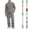 Men's Pajama Set Long Sleeve Top and Long Pants with Button Crotch and Elastic Drawstring Waist for Home Loungewear