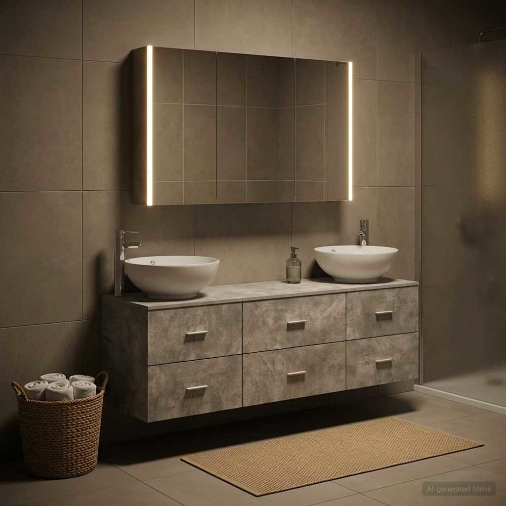 Bathroom Furniture Set 4 Pcs Concrete Grey Engineered Wood and Glass