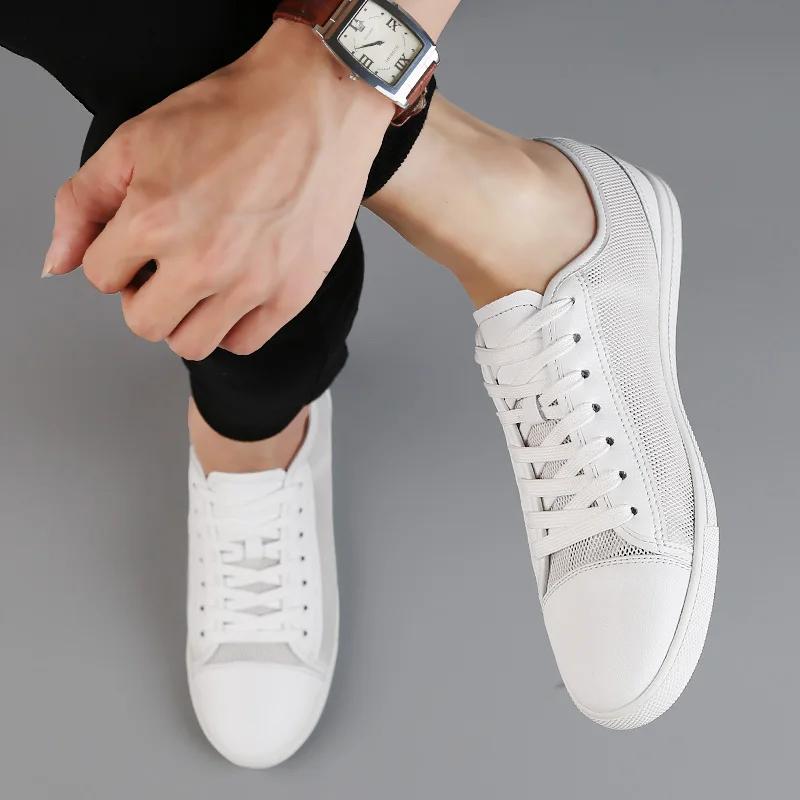 Fashion Lightweight Genuine Leather Men's Flats shoes Leisure Trend Korean Version Solid black White summer breathable Men Casual Shoes
