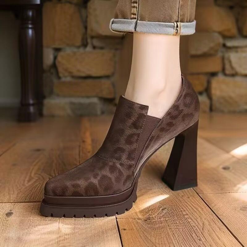 Супервысокие каблуки Ретро Леопардовый принт Платформа Глубокий вырез Однобортная обувь Женская Весенняя и Осенняя Мода Ботильоны 34 коричневый