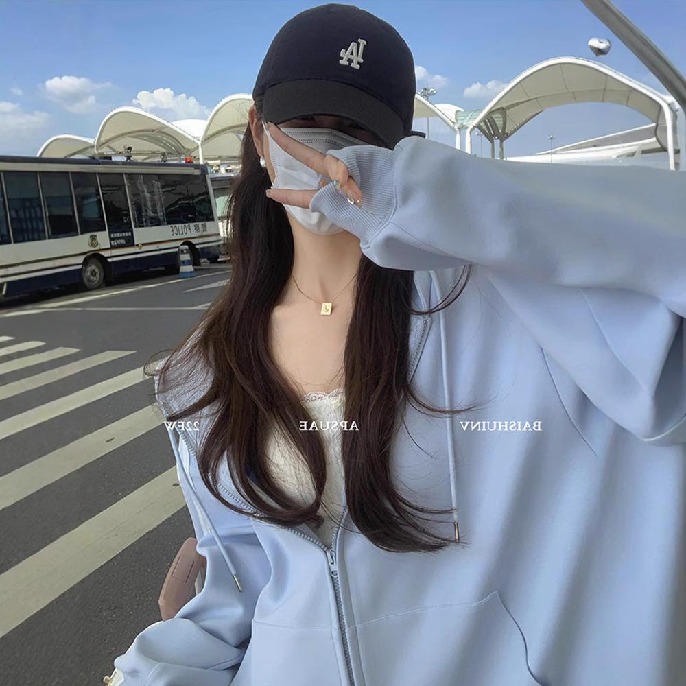 Cárdigan Sudadera Oversize Azul para Mujer, Estilo Coreano 2025, Diseño de Hombro Recto, Corte Holgado, Perfecto para Primavera y Otoño.