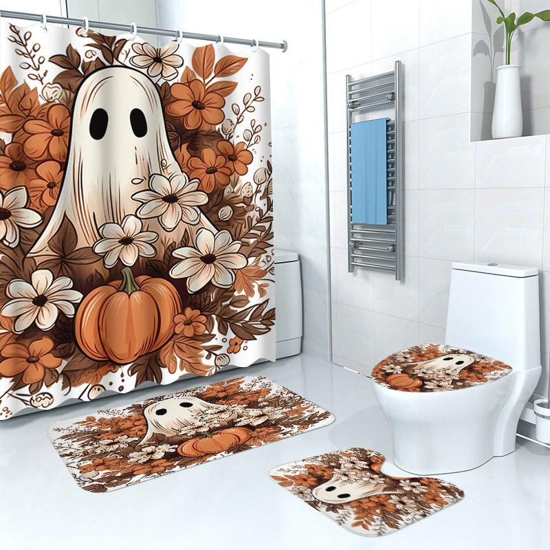 HOT Halloween Ghost Pumpkin Skull Shower Curtain Set with Non-Slip Rugs Toilet Lid Cover and Bath Mat Washable Trick or Treat