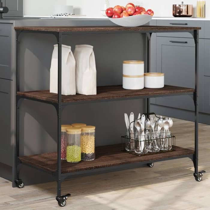 VidaXL Kitchen Cart, Storage Shelf, Service Trolley with Wheels, Home Organizer, Brown Oak 842325