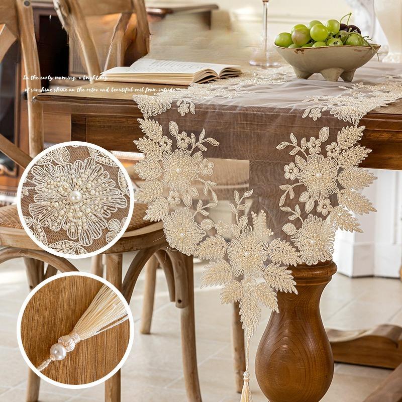American Style Light Luxury Tablecloth with Long Embroidered Lace Mesh, TV Cabinet Cover, Household Dining Table Flag