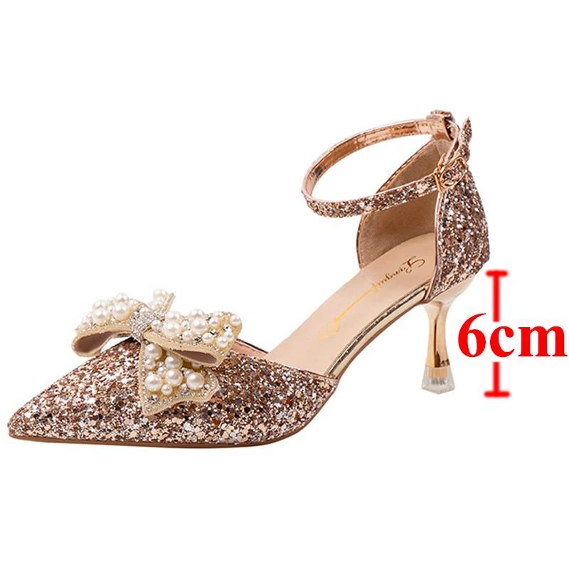 Fashion 2024 New Pearl Bowtie Thin Heels Wedding Shoes Women Bing Shiny Ankle Strap Pumps Woman Sexy Pointed Toe Sequins High Heel Shoes