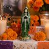 Detailed Engraved Lace Decor Gothic Praying Skeleton Statue, Halloween Resin Figurine, Spooky Saint Party Table Centerpiece Sculpture for Day