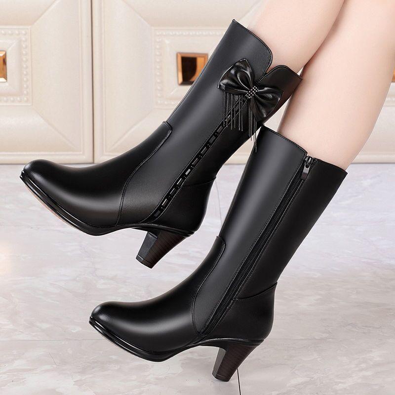 Fashion Fleece-Lined Middle Heel Half High Boots for Women New Rock Gyaru in Gothic Mid Calf Shoes Woman Designer Luxury Work Footwear