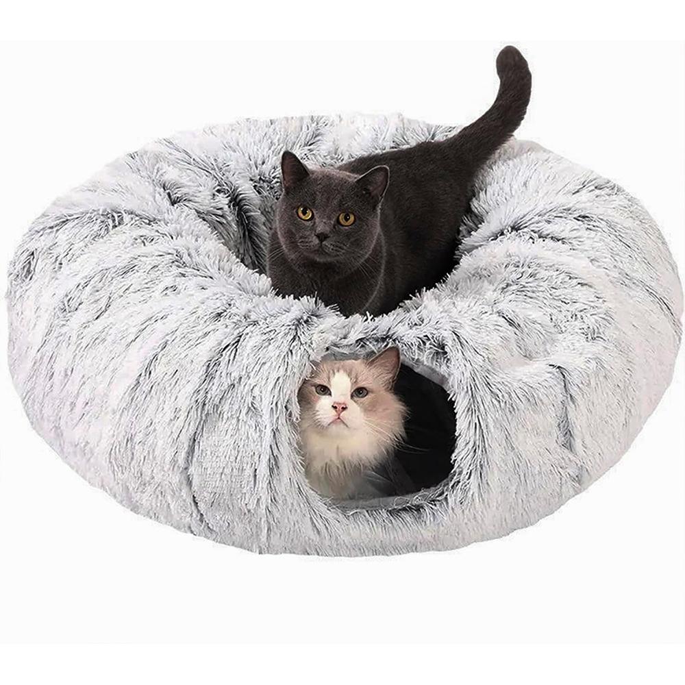 

Winter New Arrival Plush Cat Tunnel Bed Foldable Two-in-One round Warmth Pet Nest Thickened Cozy Cuddly Cat Hideaway світло-сірого кольору