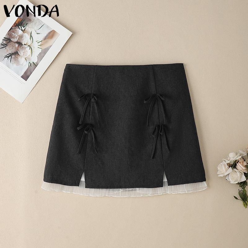 VONDA Women Zipper Waist Bow Knot Solid Color Netyarn Hem Mini Skirts