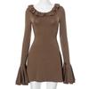 European and American women's pure color lace sweet trumpet long sleeved slim fit dress