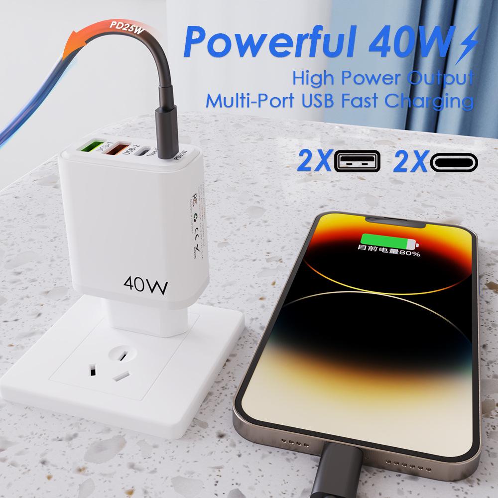 PD40W Mobile Charger: QC3.0 Fast Charging, 2U+2C Multi-Port, EU/UK Standards