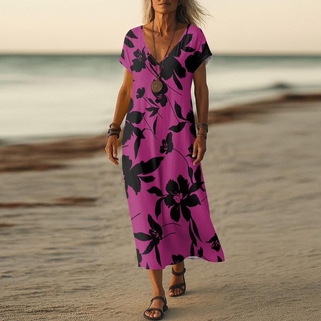 Summer Dress Women's Long Boho Beach Dress Elegant Maxi Dress V-Neck Short Sleeve Summer Tunic Dress Light Airy
