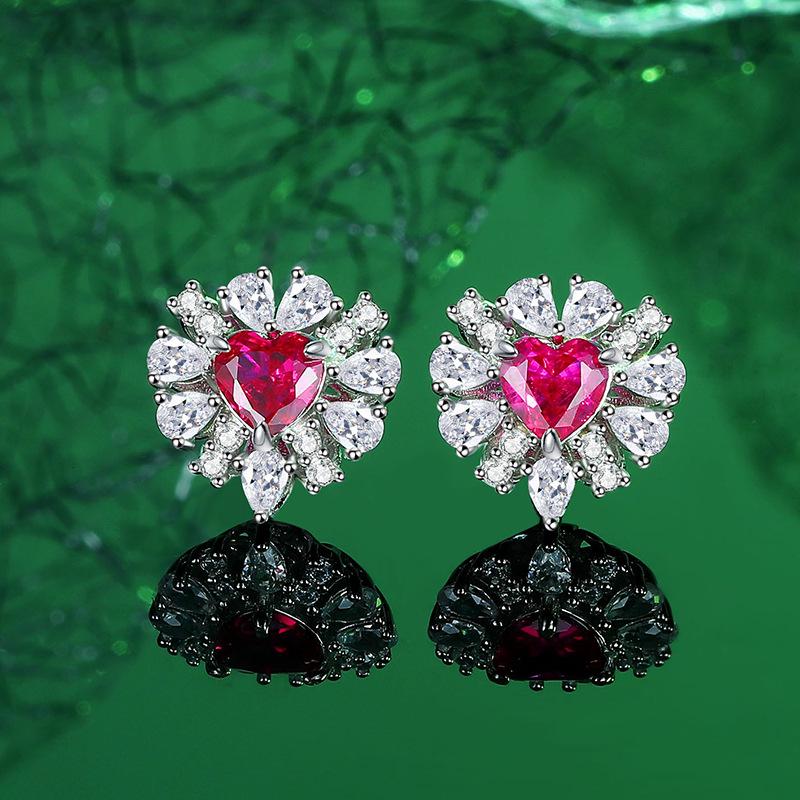 S925 Sterling Silver Heart-Shaped Ruby Jewelry Set: Necklace, Ring, Earrings - Elegant Retro Design