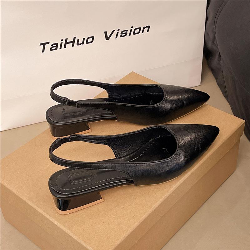 2025 summer sexy pointed low-heeled shoes women's thick-heeled sandals niche back empty French temperament bag head women's sandals