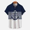 Summer Casual Men Shirts, Navy White Marine Element Fabric Texture Print, Multiple Stitching Design Loose Breathable Open Front Shirts