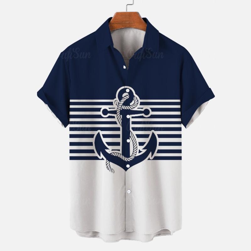 Summer Casual Men Shirts, Navy White Marine Element Fabric Texture Print, Multiple Stitching Design Loose Breathable Open Front Shirts