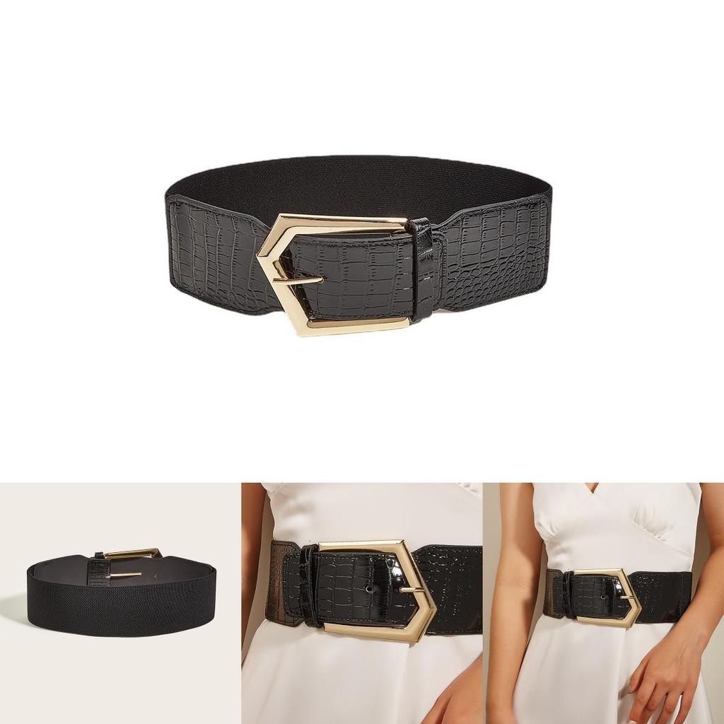 Vintage Korean Style Elastic Waist Belt For Dresses With Metal Geometric Buckle For Womens Fashion