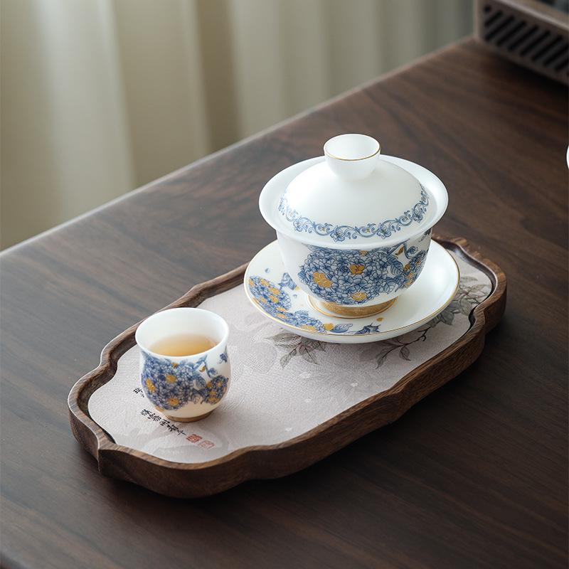Ice Jade Mutton Fat Jade White Porcelain Tea Set with Enamel Painted Hydrangea and Sancai Gaiwan