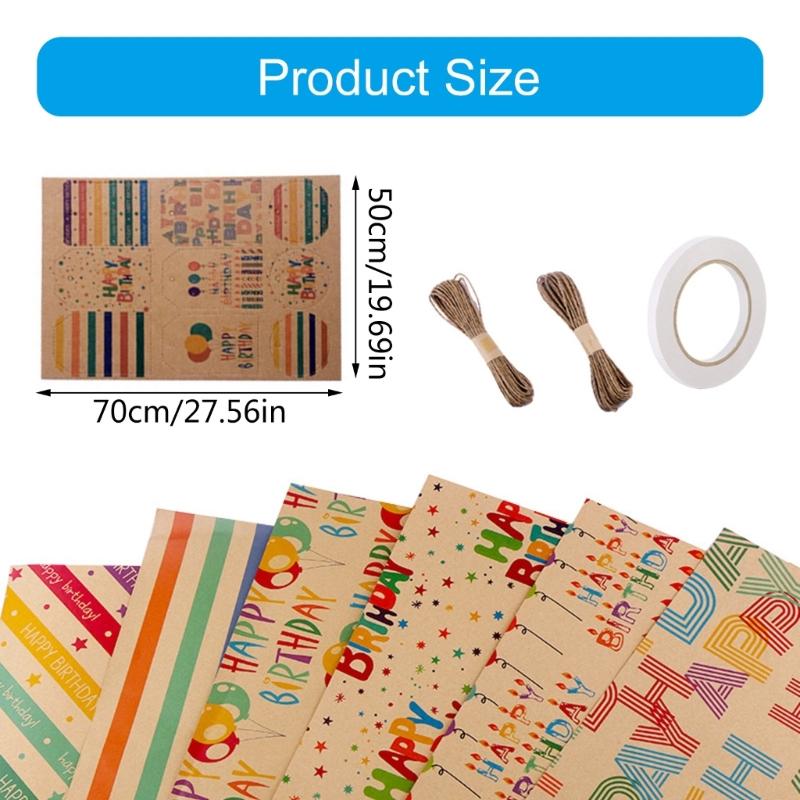 Geburtstagsgeschenkpapier-Set Einzigartiges Geburtstagsgeschenkmuster Geschenkpapier mit Klebeband Karte und Strohkordel