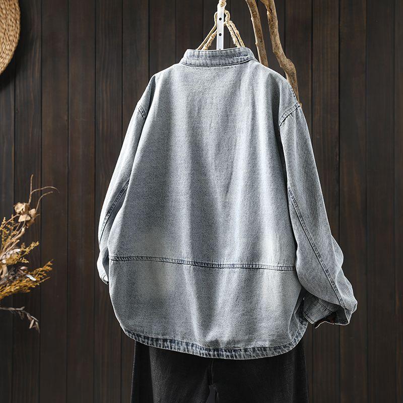 Denim Jacket Blouse Shirt for Women Long Sleeve Large Pockets Casual Oversize Stand Collar Loose Coat Top
