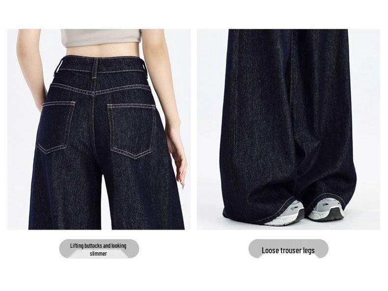 Women's Dark Blue Loose Wide-Leg Jeans - Spring/Autumn 2025 Floor-Length Straight Pants