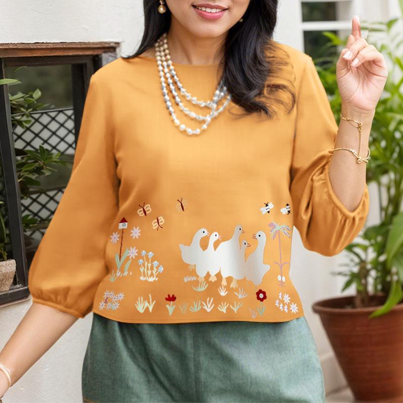 ZANZEA Women Casual Round Neck Loose 3/4 Sleeve Print Blouse