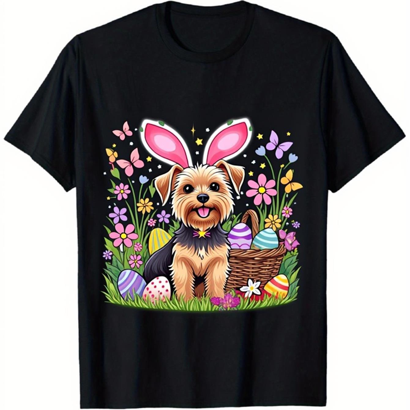 Easter Dog Yorkshire Terrier Bunny Ears Graphic T-Shirt Casual Short Sleeve Crewneck Daily Wear S