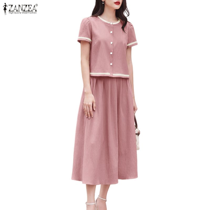 ZANZEA Bluză cu mânecă scurtă și fuste lungi pentru femei Seturi de costume casual din două piese