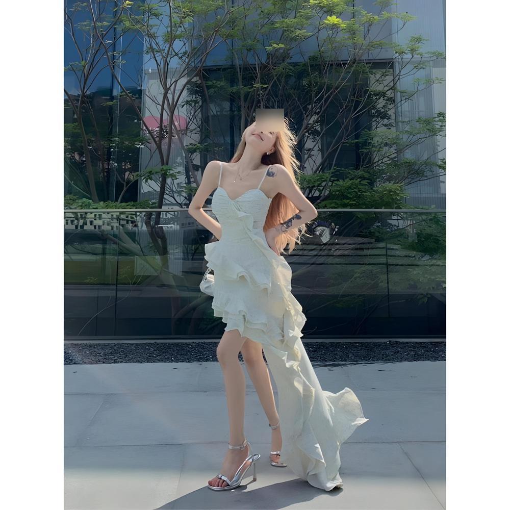 Heavy Industry Lotus Leaf Sling Dress Women's Holiday Cut Irregular Medium and Long Dress Summer