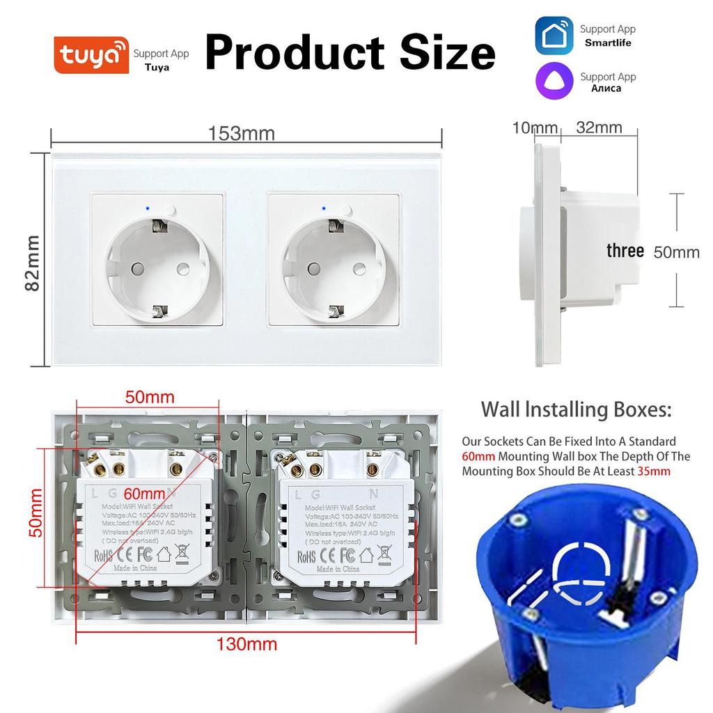 Model 153 Smart WiFi Wall Socket with Tempered Glass Panel - Alice Voice App Compatible