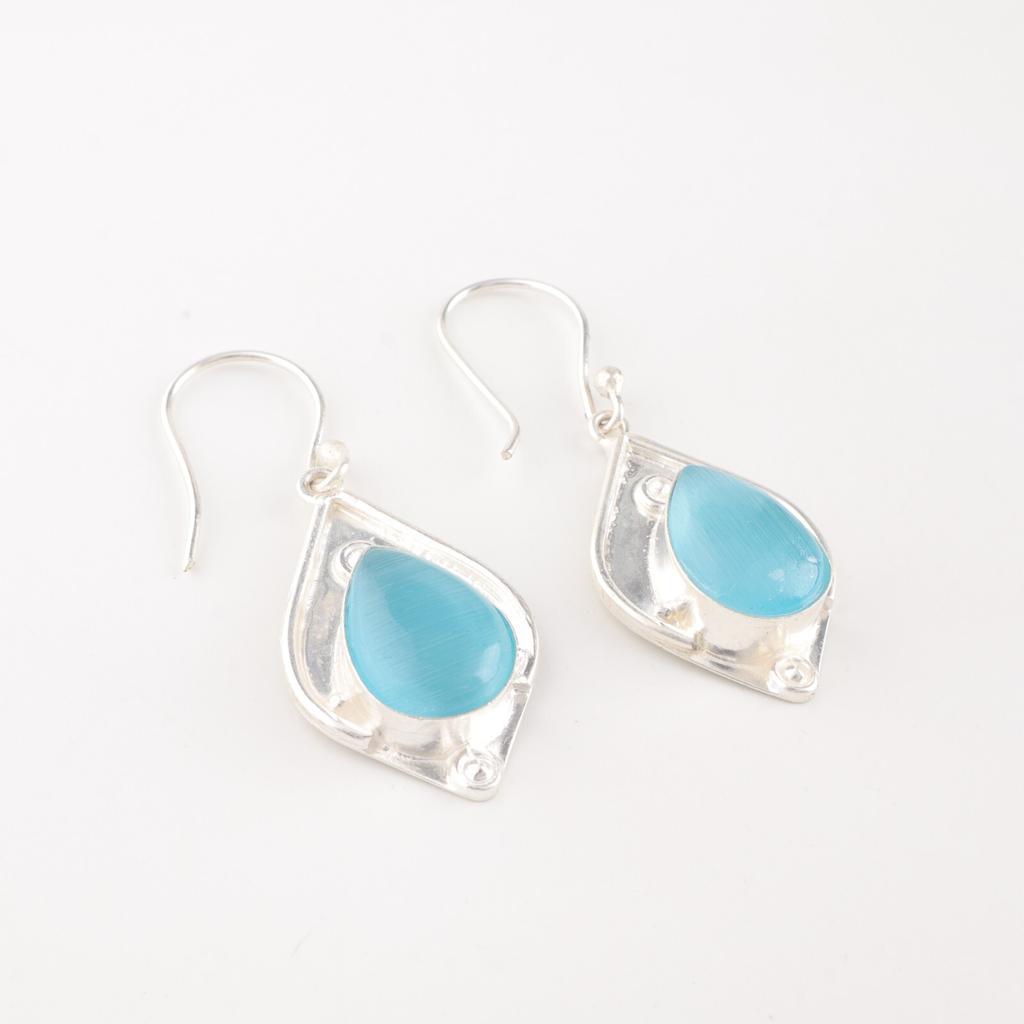 Blue Cat's Eye Gemstone 925 Sterling Silver Jewelry Fashionable Earrings 1.90" EE-35-43