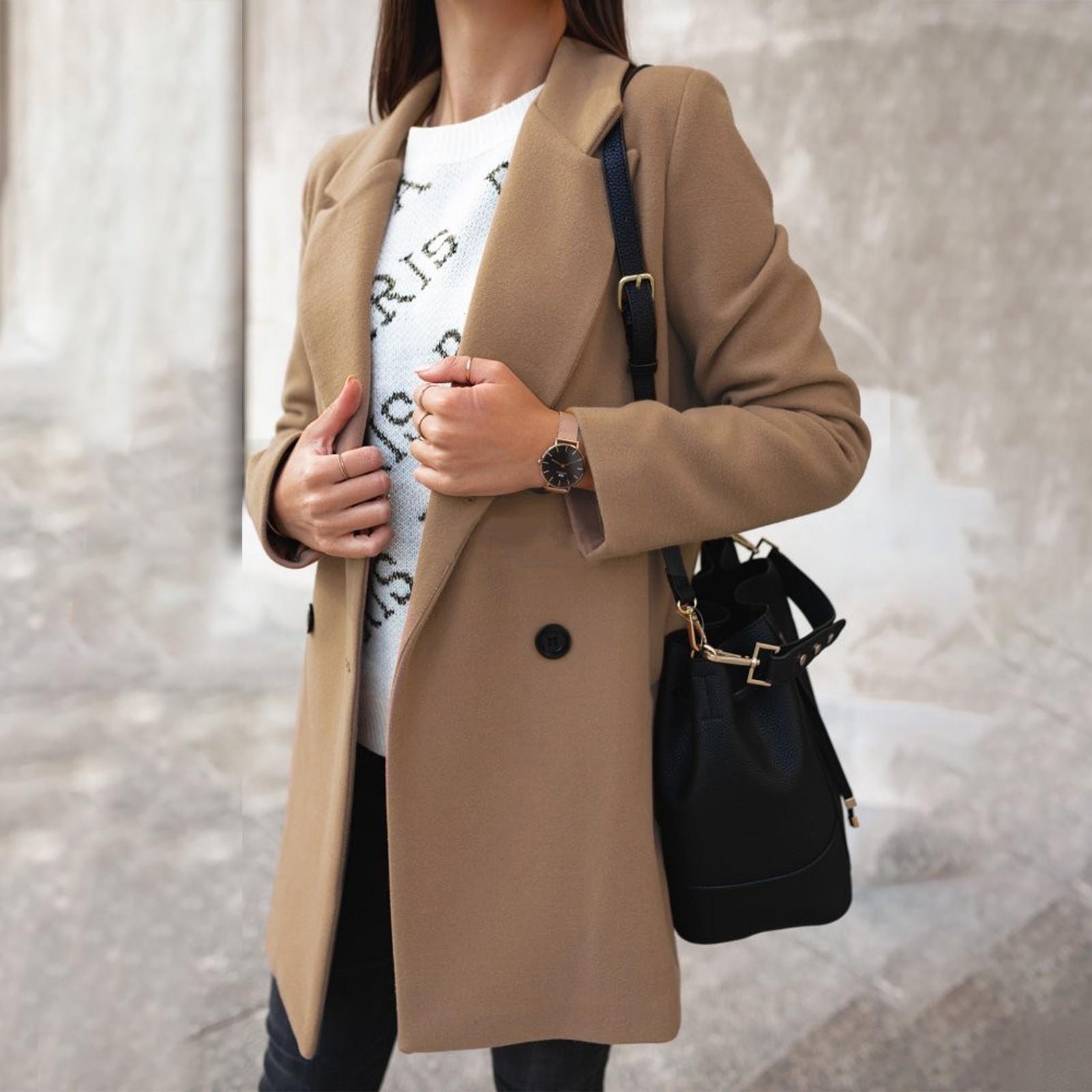 

Женская мода и зимняя однотонная шерстяная куртка с длинными рукавами, двубортная, на пуговицах, с отложным воротником M хаки