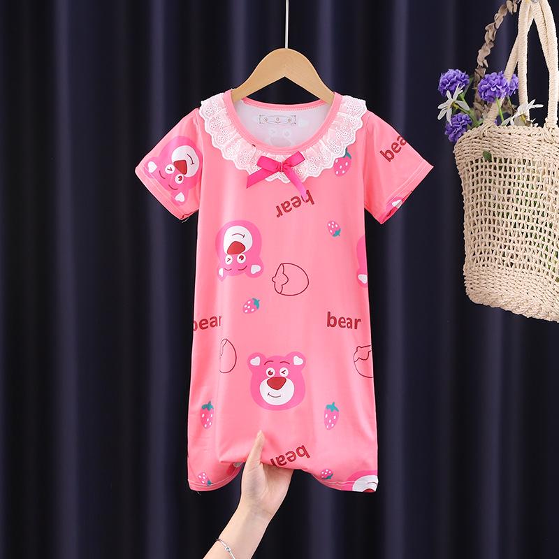 Girls' Summer Princess Lace Pajamas - Frozen Cartoon Nightgown with Short Sleeves KPOP Style Homewear