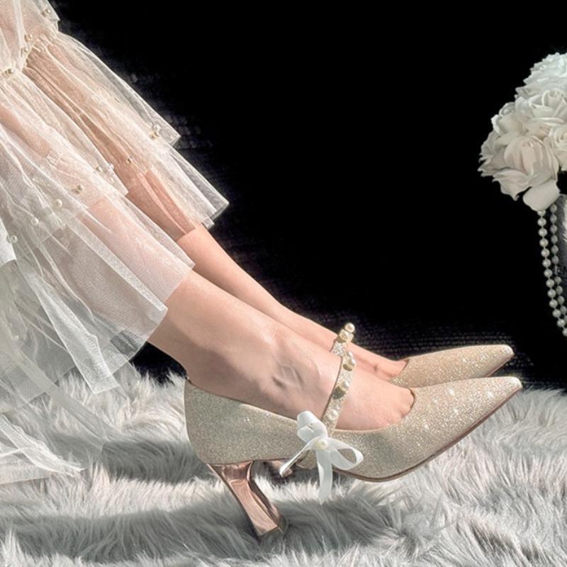 Fashion Temperament 2025 New Versatile Pearl Mary Jane Block Heel Single Shoes