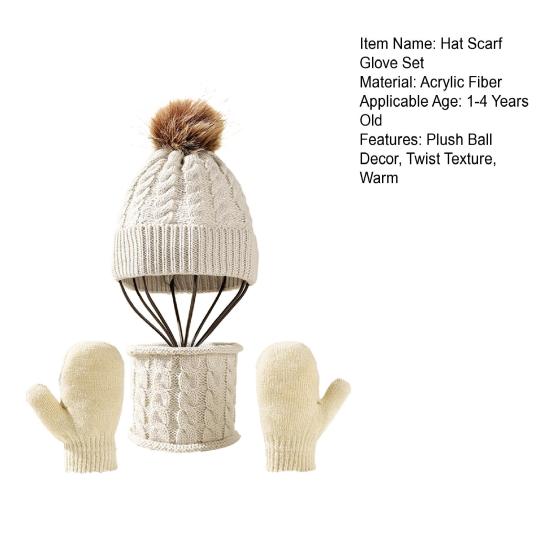 3Pcs/Set Kids Hat Scarf Glove Set Plush Ball Decor Twist Texture Thickened Warm Brimless Hat Long Scarf Touch Screen Gloves Set