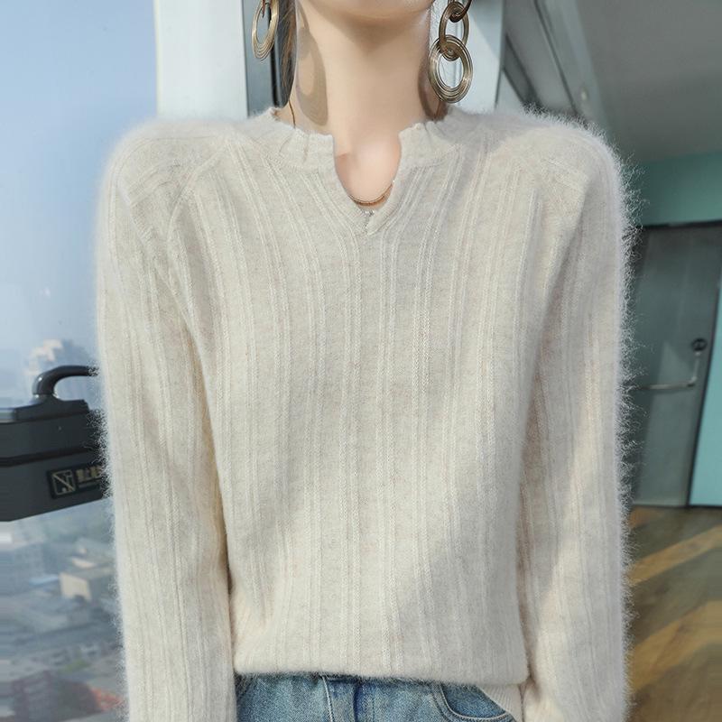 Women's Mink Cashmere V-Neck Sweater - Autumn/Winter 2025 Loose Fit, Short Solid Color, Knitted Wool Pullover Jumper