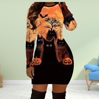 Long Sleeve Bodycon 3D Halloween Pumpkin Marble Stripes Print Dress Women Mini Dresses Autumn Skinny Stretchy Party Vestidos